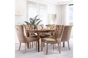 SoarFlash Velvet Dining Chairs Set of 6, Tall Back Side Chair, Modern Upholstered High-end Tufted Side Chair with Button Back Ring, Solid Wood Legs (Khaki)