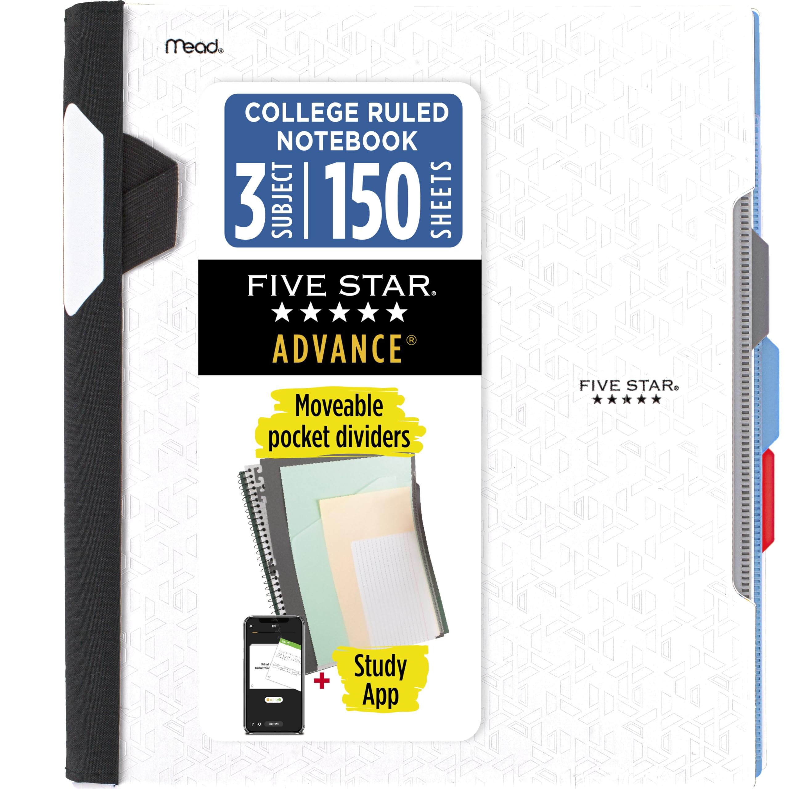 Five Star Advance Spiral Notebook Plus Study App, 3 Subject, College Ruled Paper, 11" x 8-1/2", 150 Sheets, With Spiral Guard and Movable Dividers, White, 1 Count (73142)
