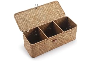 DECRAFTS Seagrass Tank Basket with Lid Woven Toilet Roll Storage Basket with Sections Rectangular for Organize Snack Toys Tampon (Large Compartment 16.5inch L x 5.5inch W x 5.5inch H) Natural
