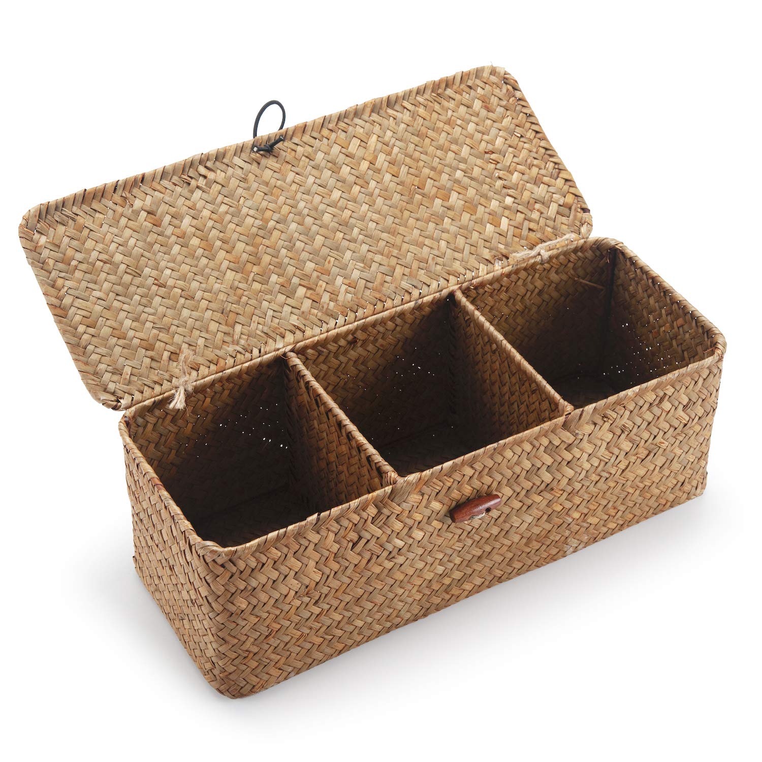 Seagrass Tank Basket with Lid Woven Toilet Roll Storage Basket with Sections Rectangular for Organize Snack Toys (Large Compartment 42cm L x 14cm W x 14cm H) (Natural)