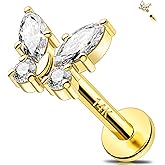 Melighting 14k Solid Gold Cartilage Earring 16G Internally Threaded Butterfly Flat Back Helix Piercing Jewelry Clear CZ Tragus Conch Stud for Women 6/8 mm