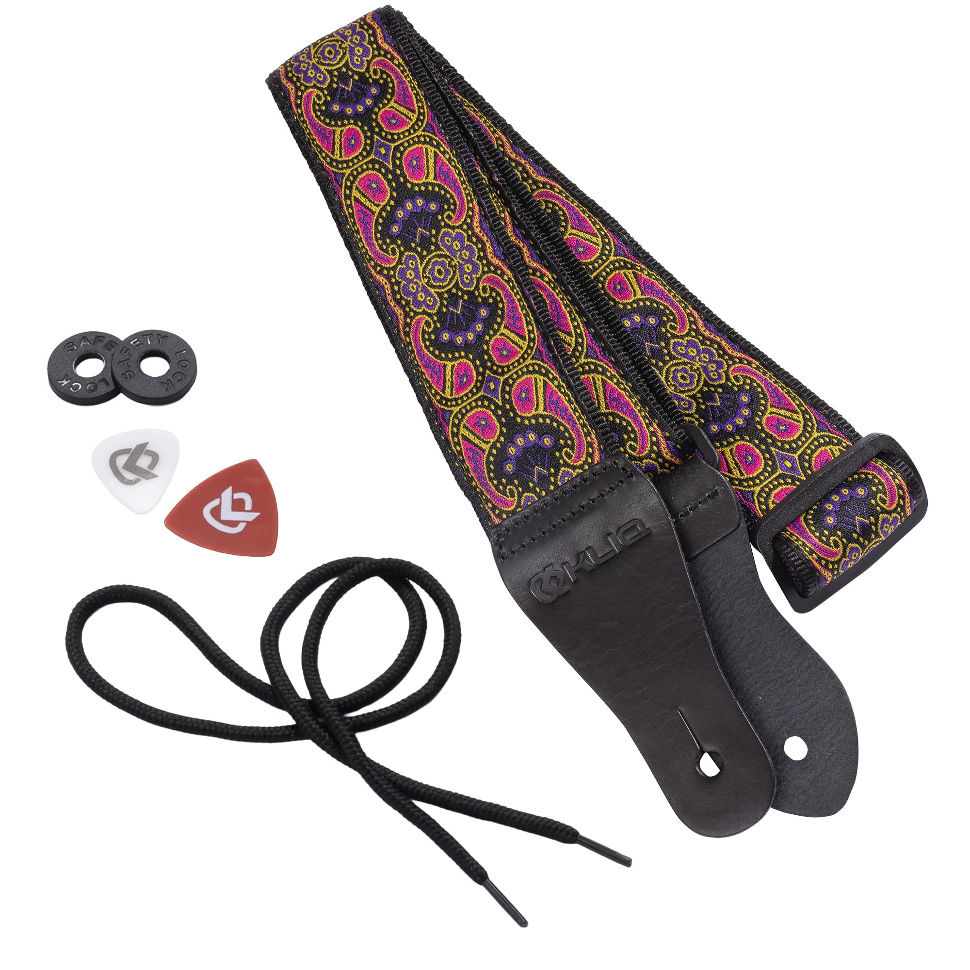KLIQ Vintage Woven Guitar Strap for Acoustic and Electric Guitars | '60s Jacquard Weave Hootenanny Style | 2 Rubber Strap Locks Included (Pink & Purple Paisley)