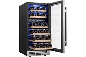 EUHOMY 15 Inch Wine Fridge, 33 Bottle Dual Zone Wine Cooler Refrigerator with Glass Door, Built-In or Freestanding Wine Refrigerator with Digital Temperature Control, for Home, Bar, Office