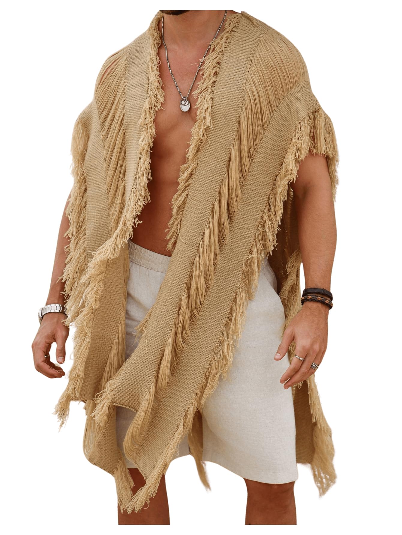 Photo 1 of Verdusa Men's Knit Poncho Open Front Fringe Fall Loose Cardigan Cape Knit Shawl Wrap Khaki Large
