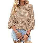 SHEWIN Womens Sweaters Crew Neck 3/4 Length Sleeve Crochet Tops Knit Beach Cover Ups Spring Outfits for Women