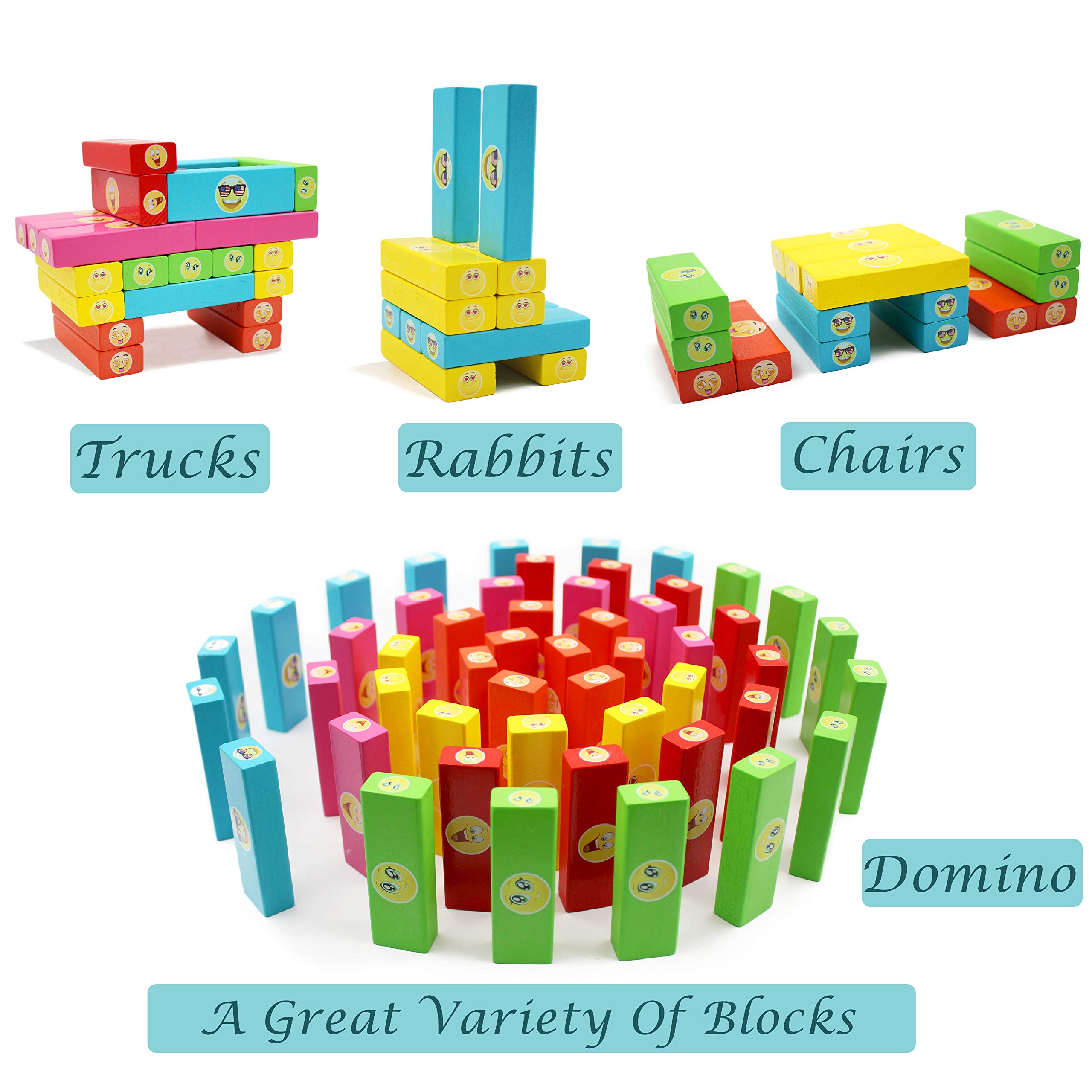 ShooBacK Tumbling Stacking Color Blocks for Kids 51 Pcs Plus Roulette and 2 Dices,Wooden Colored Toppling Stacking Game for Boys and Girls at Age 3 Years Old and up.