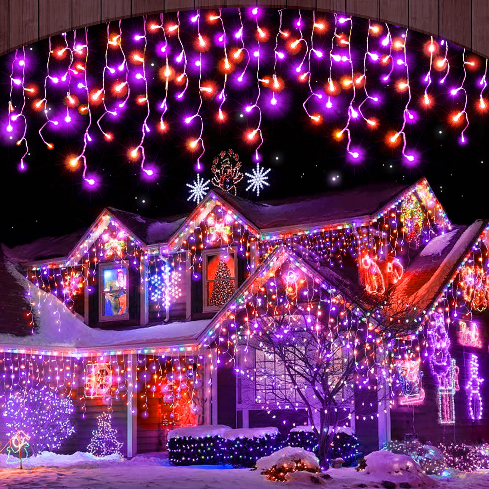 Photo 1 of Halloween Icicle Lights Outdoor, 512 LED 46.5 FT 8 Lighting Modes with Timer & Memory, Curtain Fairy String Lights With 96 Drops for Halloween Decorations Holiday Party Eaves Yard (Purple & Orange)