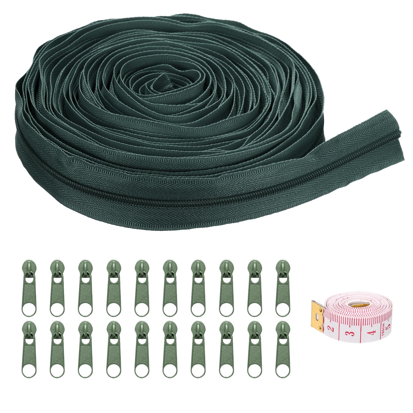 uxcell #3 10 Yards Nylon Coil Zippers, Bulk Coil Zipper by The Yards with 20 Pcs Zippers Sliders and Ruler for DIY Tailor Sewing Craft Bag Clothes, Dark Green