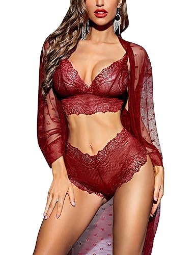 RSLOVE Women Sexy Lingerie Set 3 Piece Lace Kimono Robe with Bra and Panty  Sheer Sleepwear Wine Red XL in Dubai - UAE | Whizz Women