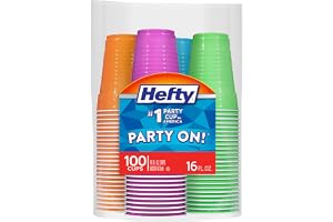 Hefty Party On Disposable Plastic Cups, Assorted, 16 Ounce, 100 Count | Bulk Pack, Disposable Plastic Cups for Parties, 4 Fun Colors, Easy-to-Grip Design, Ideal for Large Tailgates, BBQs, Birthdays