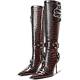 LACIKOSZ Knee High Crocodile Boots for Women Pointed Toe Slim Calf Sexy Stiletto High Heel Long Tall Boots with Slide Zipper Buckle Rivets