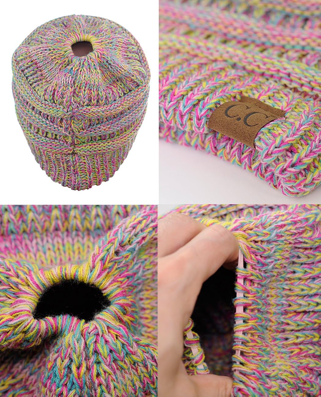 C.C BeanieTail Soft Stretch Cable Knit Messy High Bun Ponytail Beanie Hat, Bright Mix