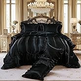 Satin Queen Comforter Set Silk Like Satin Bedding Set Hotel Soft Polyester Black Bed Set Luxury Silky Pillow Cover with Quilt Set Ruffle Down Comforter Home Decor