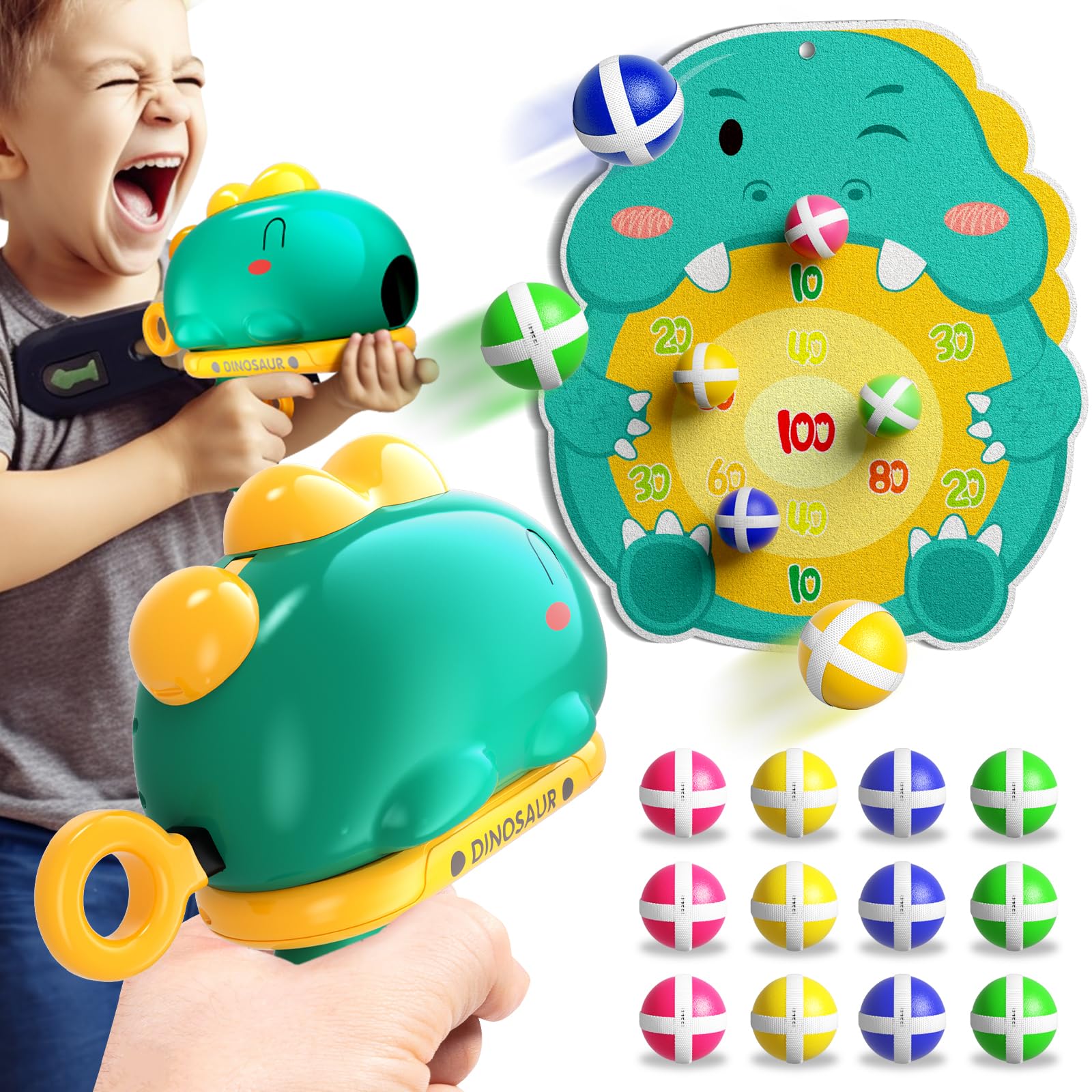 Doloowee Dinosaur Gun Shooting Game Toy, Kids Blaster Gun Shooting Game with Dart Board, 12 Sticky Balls, Kids Toy Gun for Indoor Outdoor Garden, Gift for Boys Girls 3 4 5 Years Old (Green) (Q49-06)