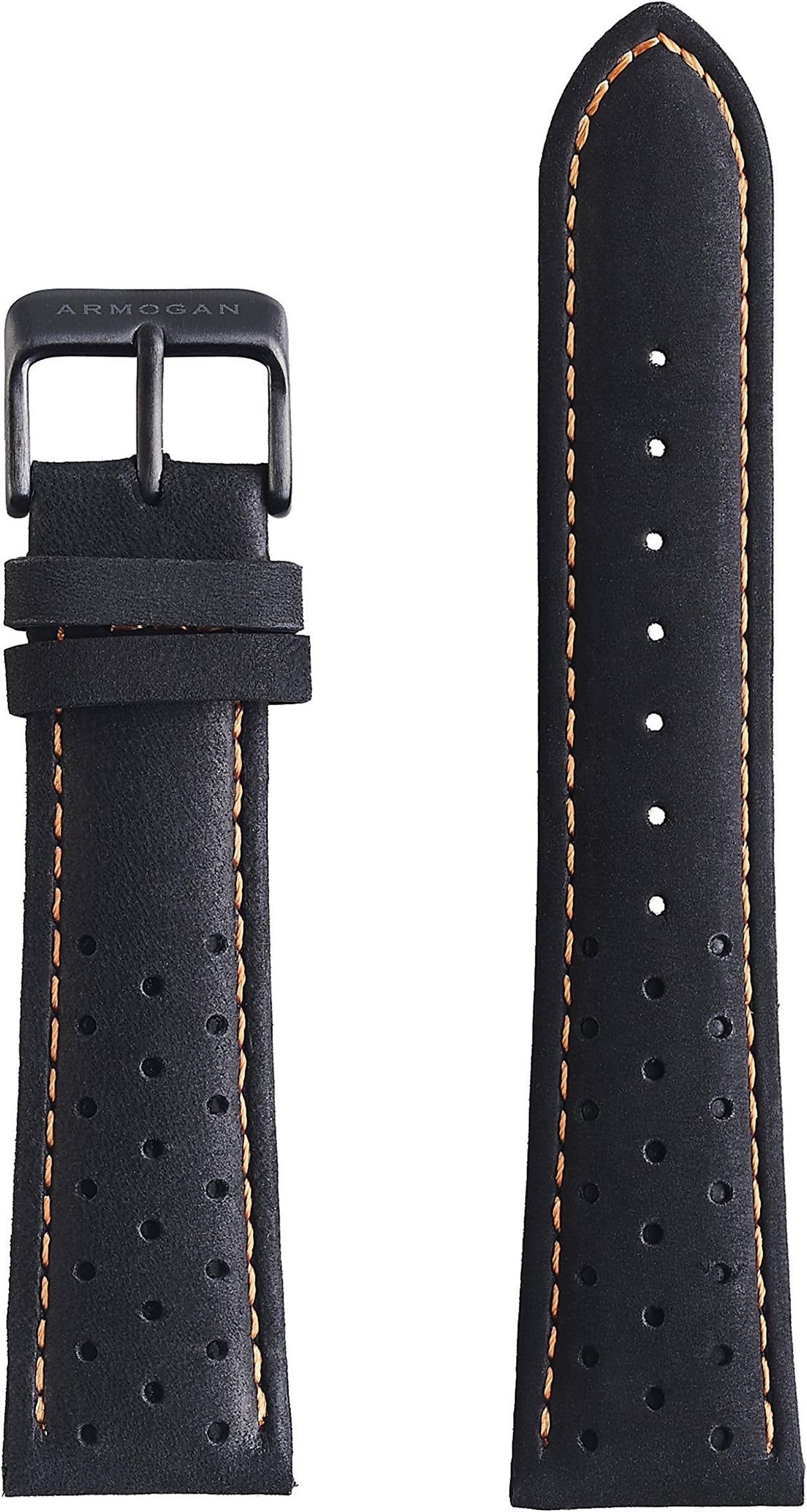 Genuine Suede Rally Perforated Leather Watch Strap - SR13B - Black - Black Stainless Buckle - Men's Wristwatch Band - 22mm Width