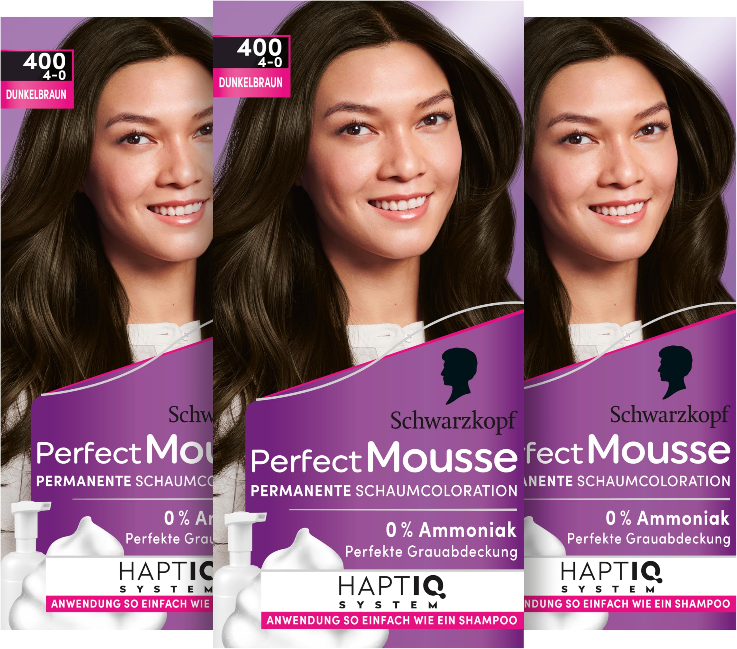 Schwarzkopf Perfect Mousse Permanent Foam Colouration 400/4-0 Dark Brown (3 x 92.5 ml), Hair Colour with Perfect Grey Coverage, Colouration for Intensive Care and Radiant Shine
