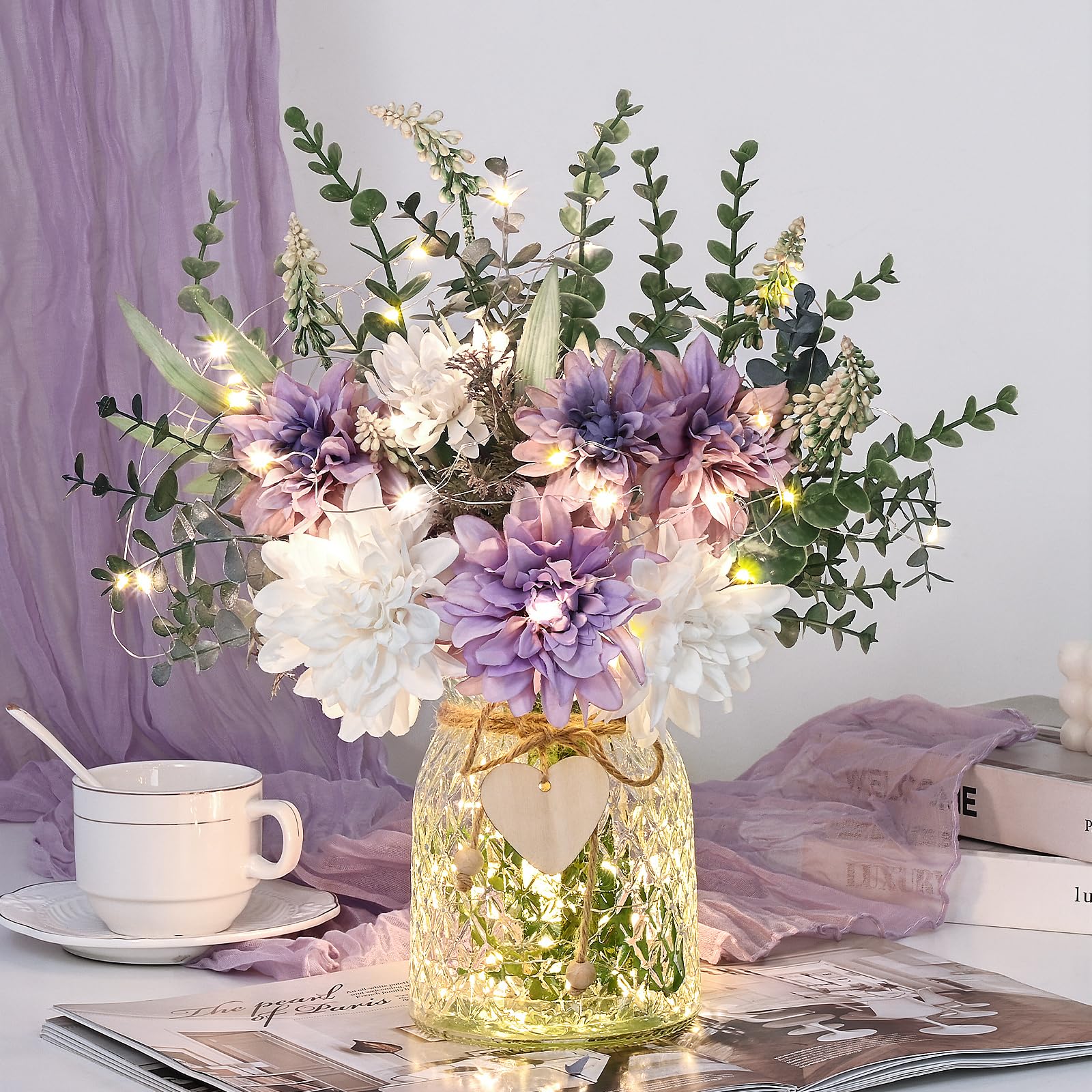 Photo 1 of MARTINE MALL Fake Flowers in Vase with Lights, Faux Flowers in Vase, Dahlia Artificial Flowers in Vase Centerpiece Table Decorations Artificial Flower Arrangement for Home Dining Room Farmhouse
