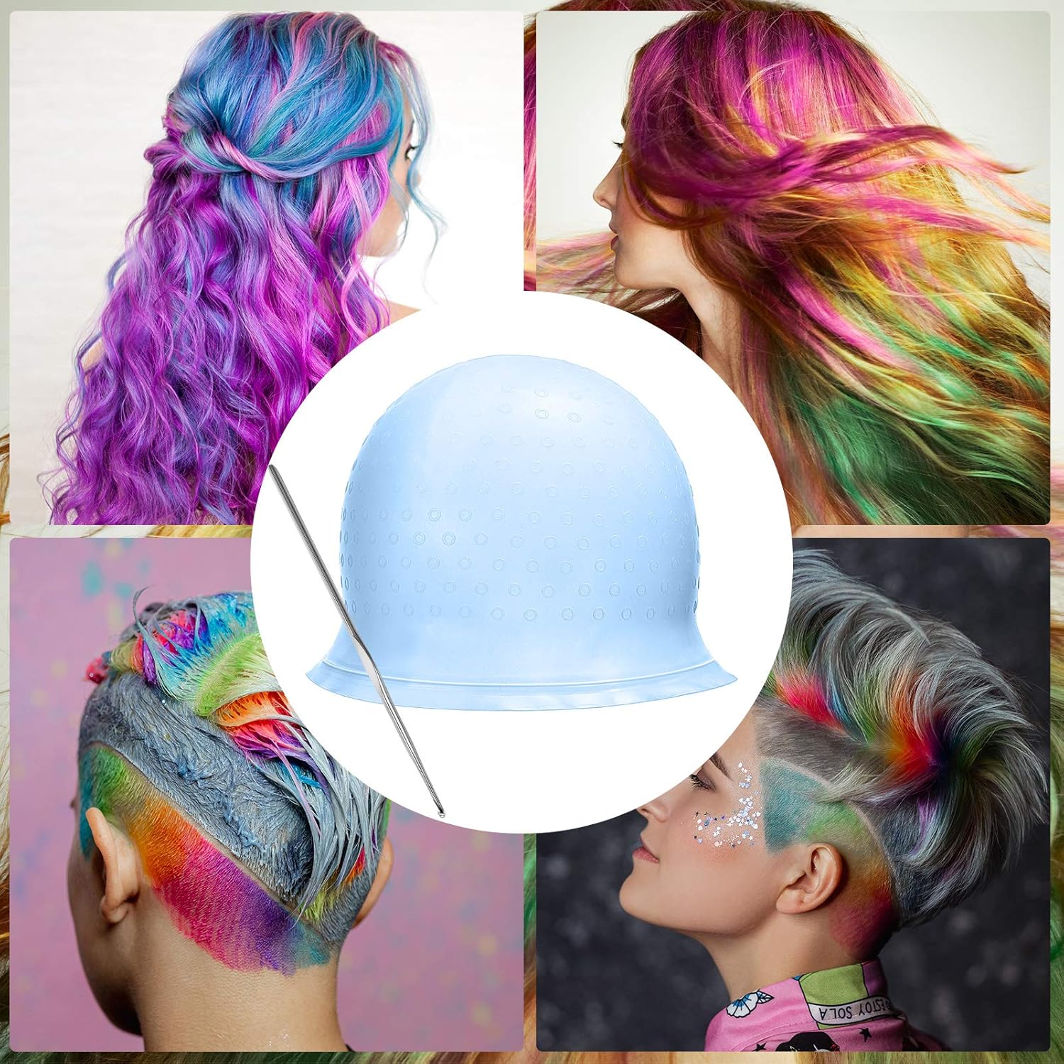 3 Pieces Reusable Silicone Hair Staining Cap Multicolor Hair Coloring Dye Cap with Metal Hook Silicone Hair Coloring Highlighting Cap for Home Salon Hairdressing Tools (Blue, White, Purple) : Beauty