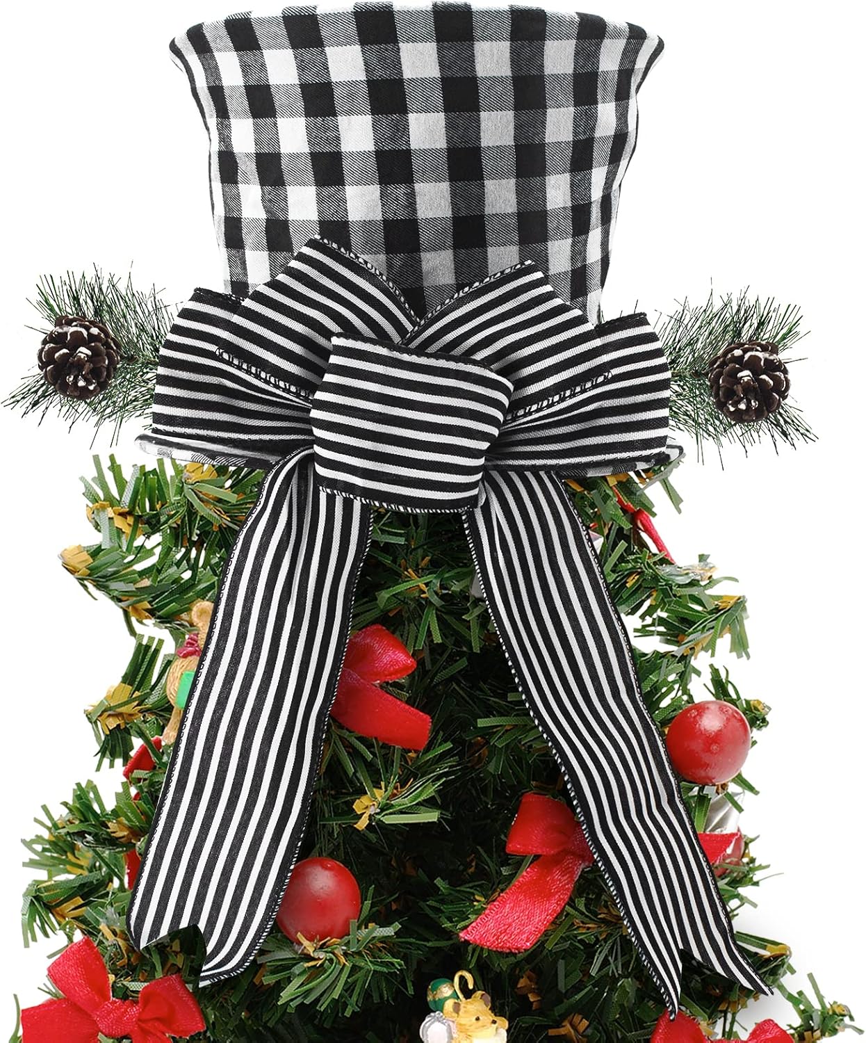 Tree Toppers - Christmas Tree Topper Hat, Large Black Velvet Bowler Derby Hat with Pine Cones Red Plaid Bow Xmas Treetop Decoration Desktop Ornaments for Christmas Home Decorations (Black)