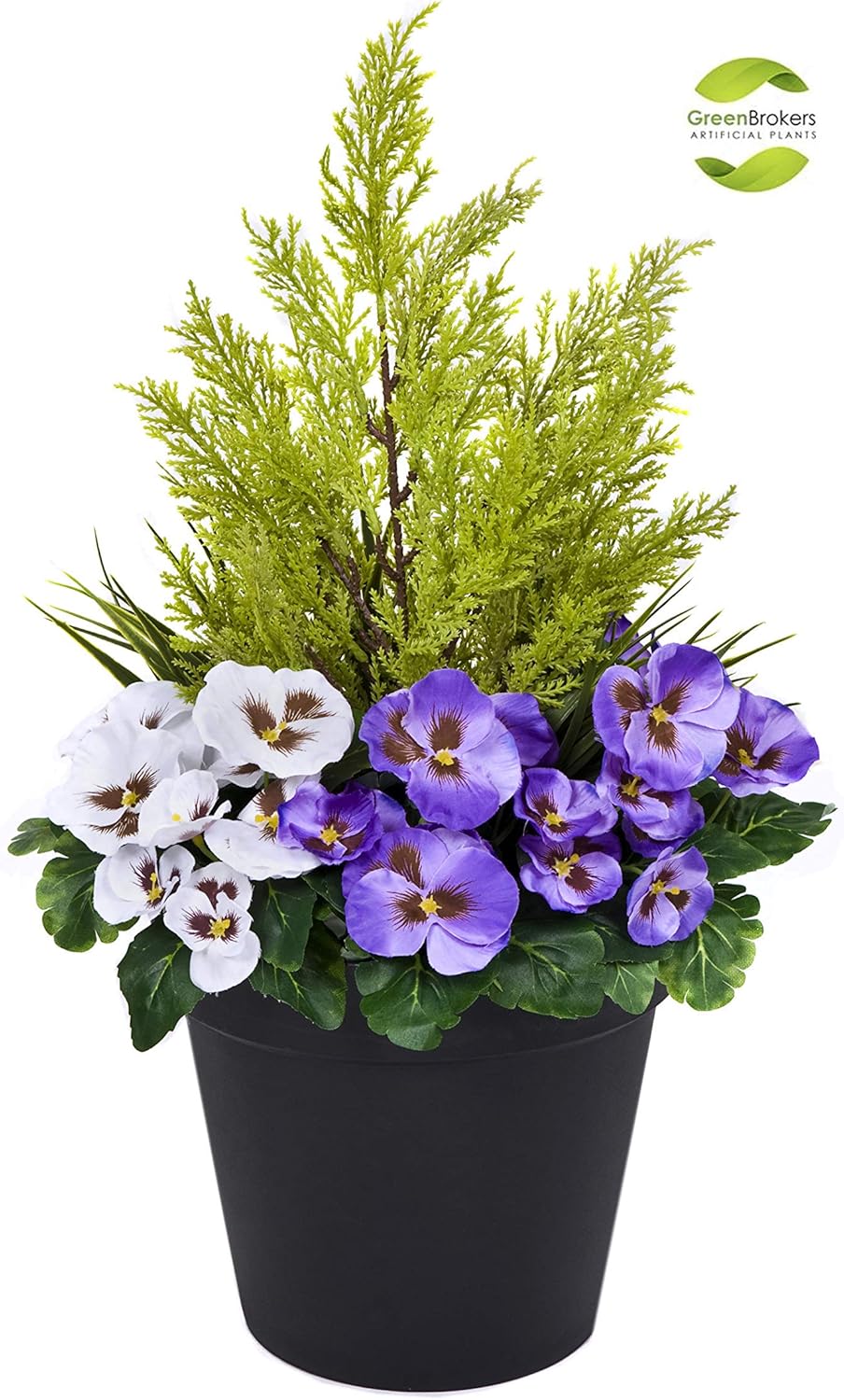 Artificial Patio Planter (60cm) with Purple & White Pansies & Conifer