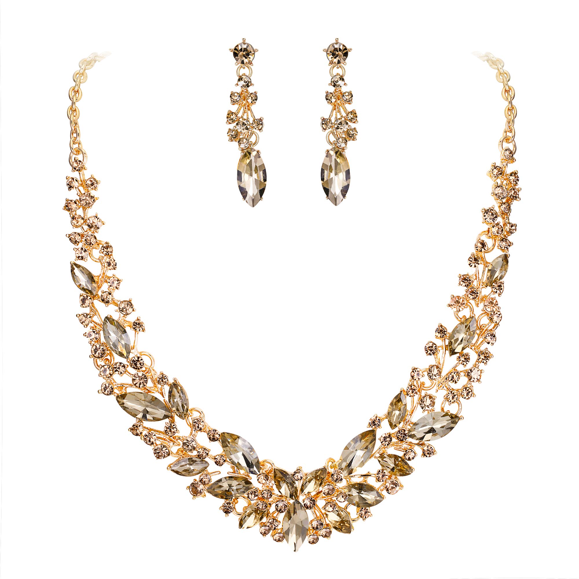 Clearine Wedding Bridal Necklace Earrings Jewelry Set for Women Austrian Crystal Marquise Cluster Collar Necklace Dangle Earrings Set Champagne Gold-Tone