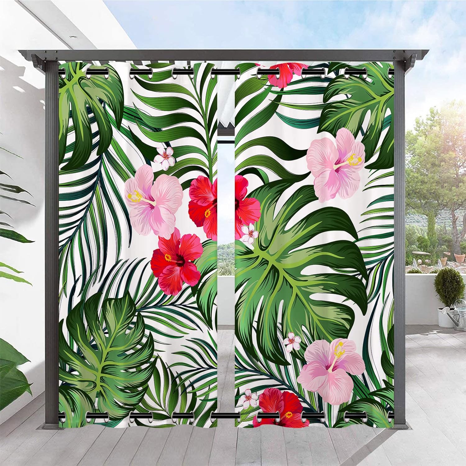 Outdoor Curtains - ANHOPE Outdoor Curtains Waterproof Grommet Top & Bottom Windproof Outside Curtains with Tropical Palm Leaf Plant Flower Print Pattern Privacy Curtains for Patio Gazebo Pergola 2 Panels 36 x 84 Inch