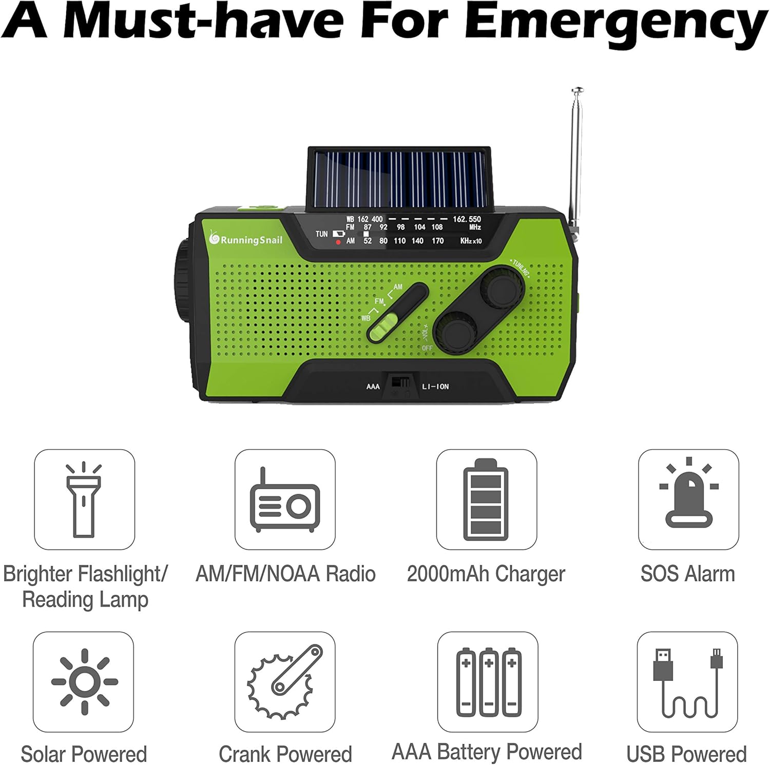 RunningSnail Solar Crank NOAA Weather Radio for Emergency with AM/FM, Flashlight, Reading Lamp and 2000mAh Power Bank (Green): Home Audio & Theater