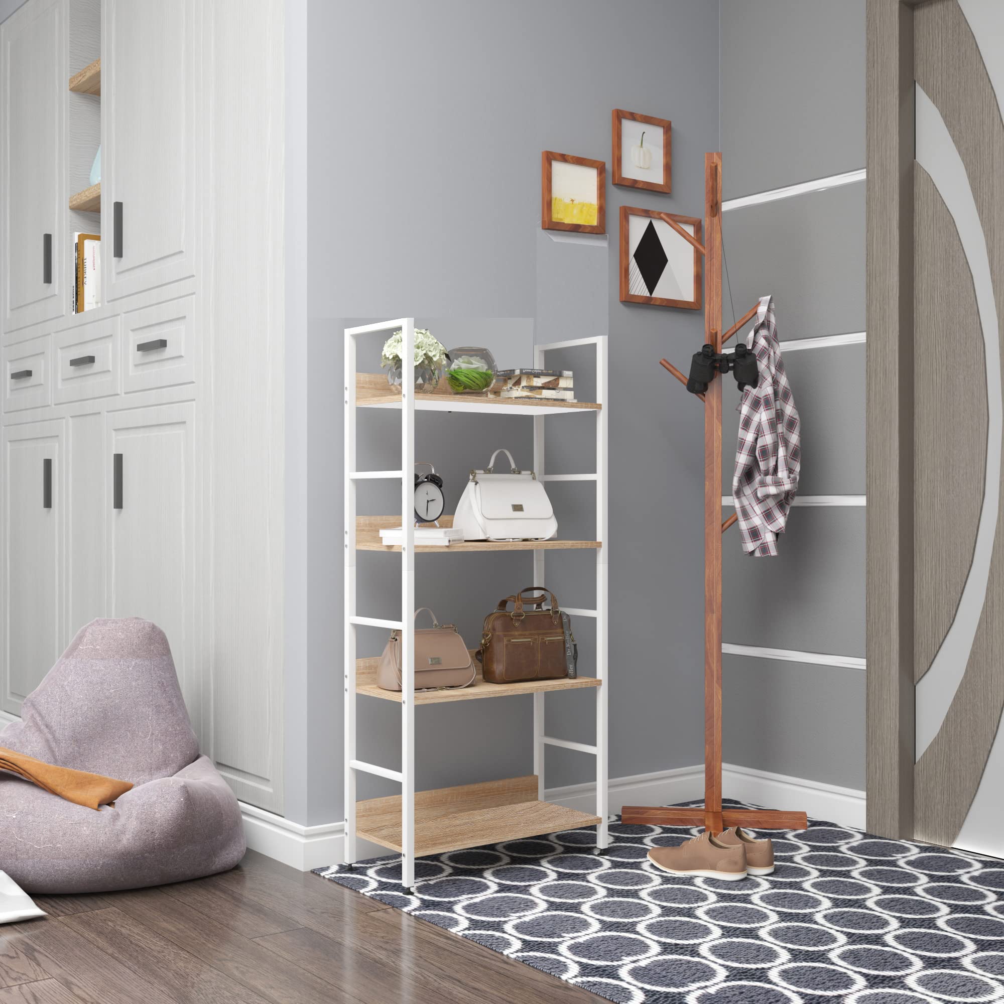WOLTU Standregal mit 4 Ablagen Bücherregal Küchenregal Badregal aus Holz und Metal, Regale für den Abstellraum 60 x 27,5 x 126 cm Weiß + Hell Eiche RGB9304hei 3