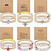 Huquary 6 Set Christmas Teacher Appreciation Gift Set for Women Teacher Appreciation Bracelets Gifts with Cards Wooden Beaded Elastic Bracelets for Christmas Winter Season Birthday Retirement Present
