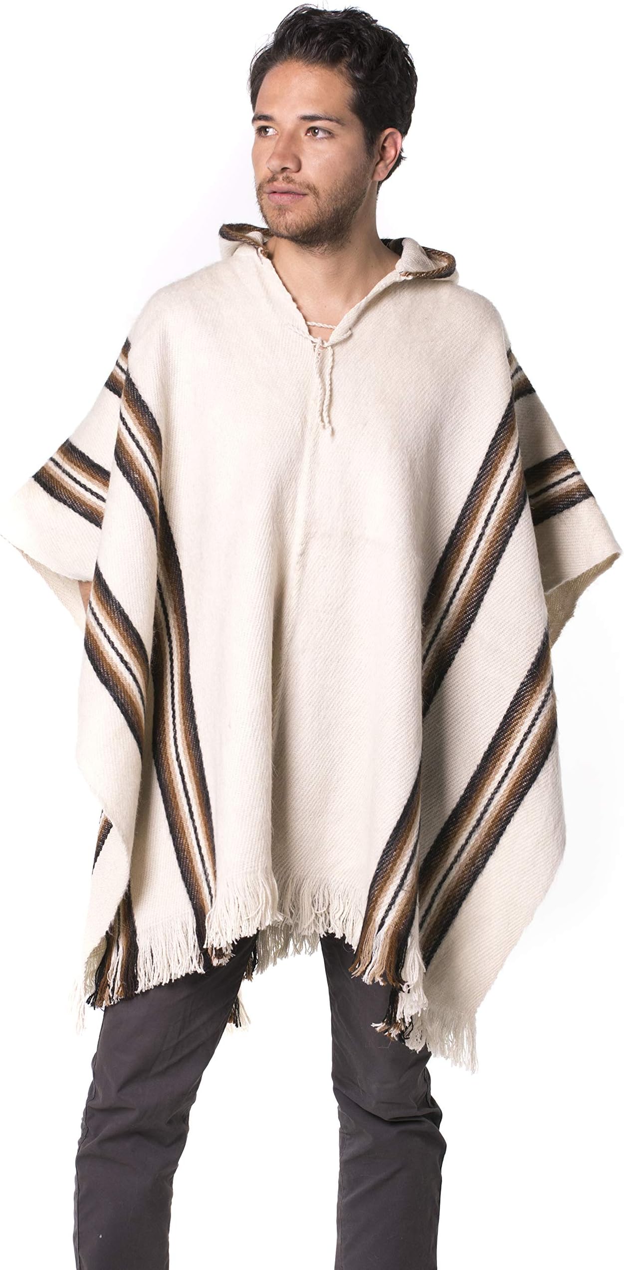 Gamboa Alpaca Poncho Hooded Alpaca Poncho - White with Stripes and Fringes