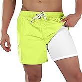 BRISIRA Mens Swim Trunks Neon 5" Bathing Suit Compression Liner Nylon Swim Shorts Beach Swimsuit Swimwear Quick Dry Pockets