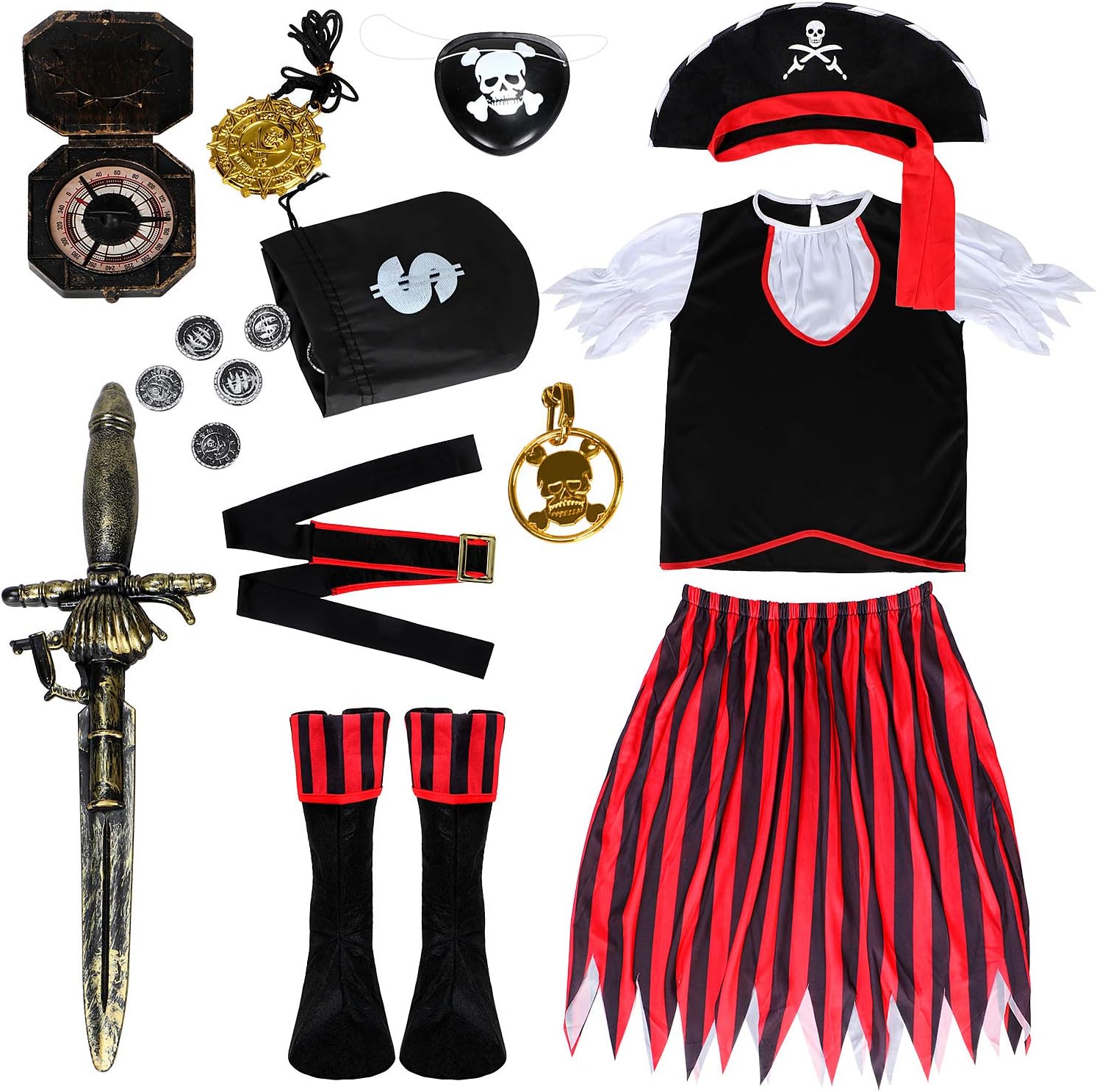 Joinfun 11pcs Pirate Costume for Kids with Pirate Accessories Set Deluxe Pirate Eyes Patches Sword Compass Earring Purse Coins Medallion Fancy Dress for Toddlers
