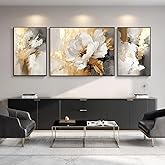 Large Gold with White Flower Wall Art Painting Framed Picture Floral Artwork for Living Room Bedroom Bathroom Home Office Dec