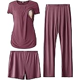 SUNNYBUY Womens Maternity Nursing Pajamas Set, Short Sleeve Breastfeeding Shirts,Pregnancy Shorts & Pants 3 Piece Nursing PJS