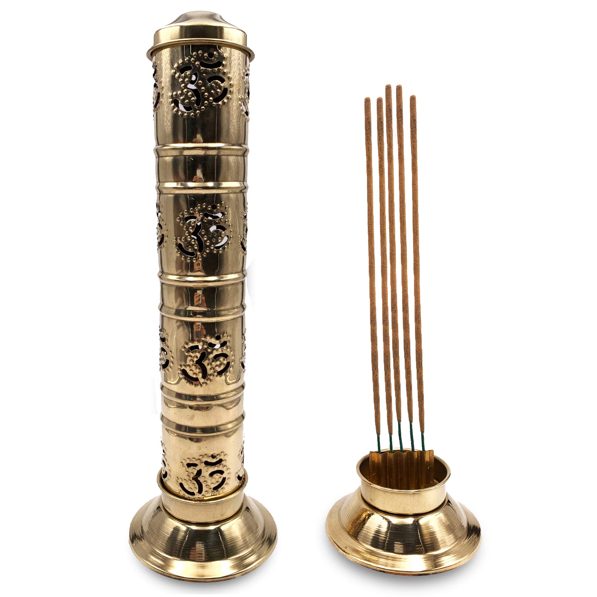 Rustic golden brass Om symbol Incense burner - 27 cm high, base is 8 cm and cover is 5 cm - Weight: 155 g. Incense sticks holder can hold from 4 up to 5 incense sticks.