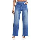 AVAMO Wide Leg Jeans Woman Stretchy Pull on Sweatpant Jeans for Women Elastic High Waisted Straight Leg Baggy Denim Pants