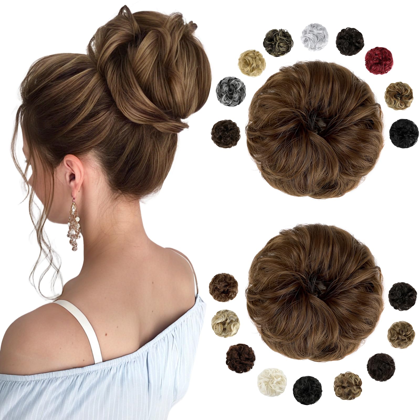 Photo 1 of FELENDY 2PCS Messy Bun Hair Piece Large Wavy Curly Elastic Hair Bun Scrunchies Fluffy Thick Donut Chignon Hairpieces Updo Extensions Light Chestnut Brown