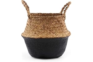 BlueMake Woven Seagrass Belly Basket for Storage, Laundry, Picnic, Plant Pot Cover, and Grocery and Toy Storage (Black, Large)