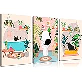 3pcs Black Cat Bathroom Canvas Wall Art Funny Cute Vintage Cats Wall Decor Pictures Green Plants Black Cat Posters Prints for Bathroom Toilet Decoration Ready To Hang