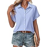 Zeagoo Blue and White Striped Shirts for Women Short Sleeve V Neck Collared Blouses 2026 Summer Tops
