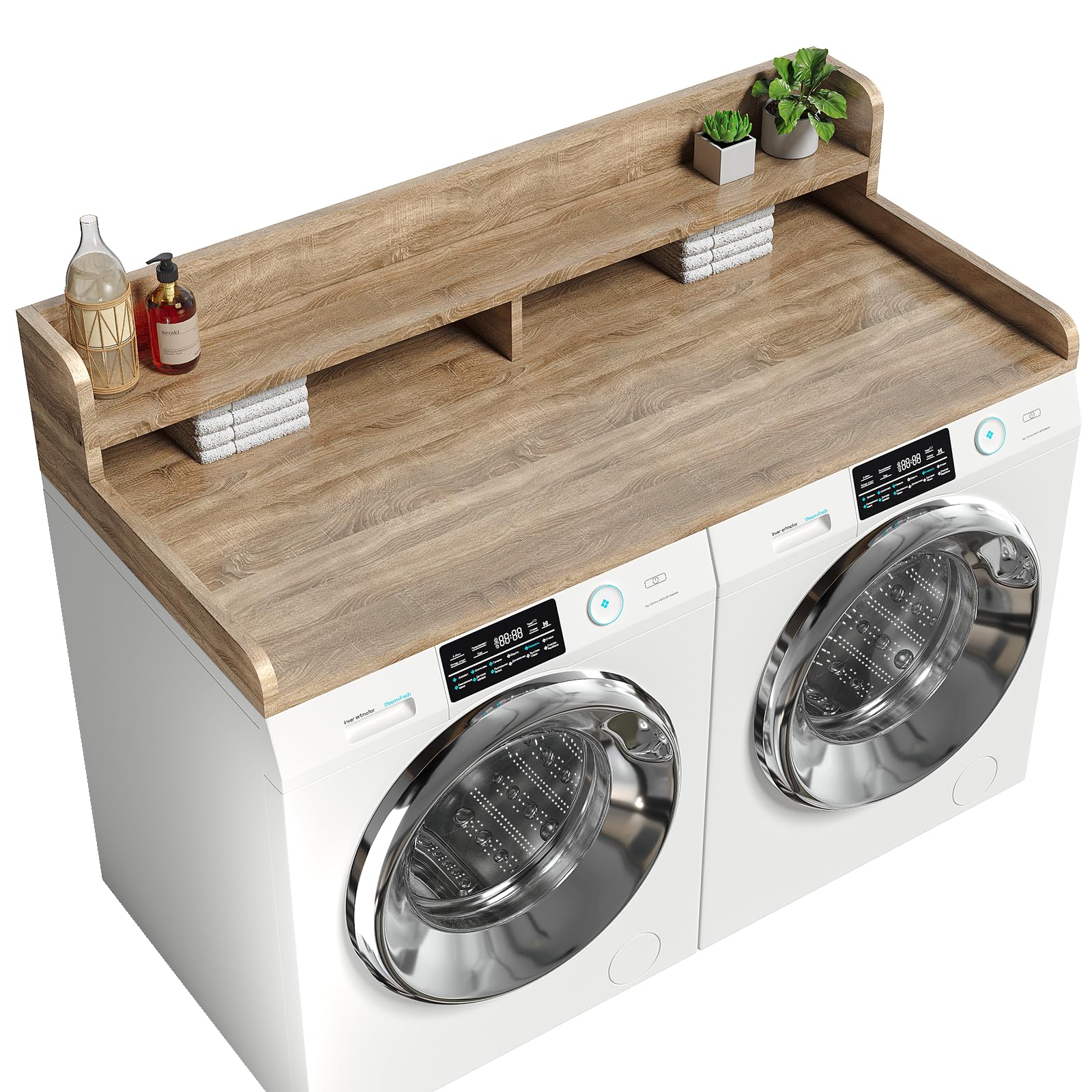 View 1 of **PARTS ONLY***Corbyles 2-Tier Washer Dryer Countertop with 2.75" H Edge Rails, 58" W x 28" D Laundry Countertop for Folding Clothes, Washer and Dryer Topper with Non-Slip Pad (White Oak)