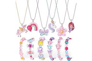Lorfancy 12 Pcs Kids Bracelet Necklace for Girls Unicorn Mermaid Beaded Bracelets Toddler Cute Charm Play Jewelry Set Little Girls Colorful Friendship Dress up Gifts