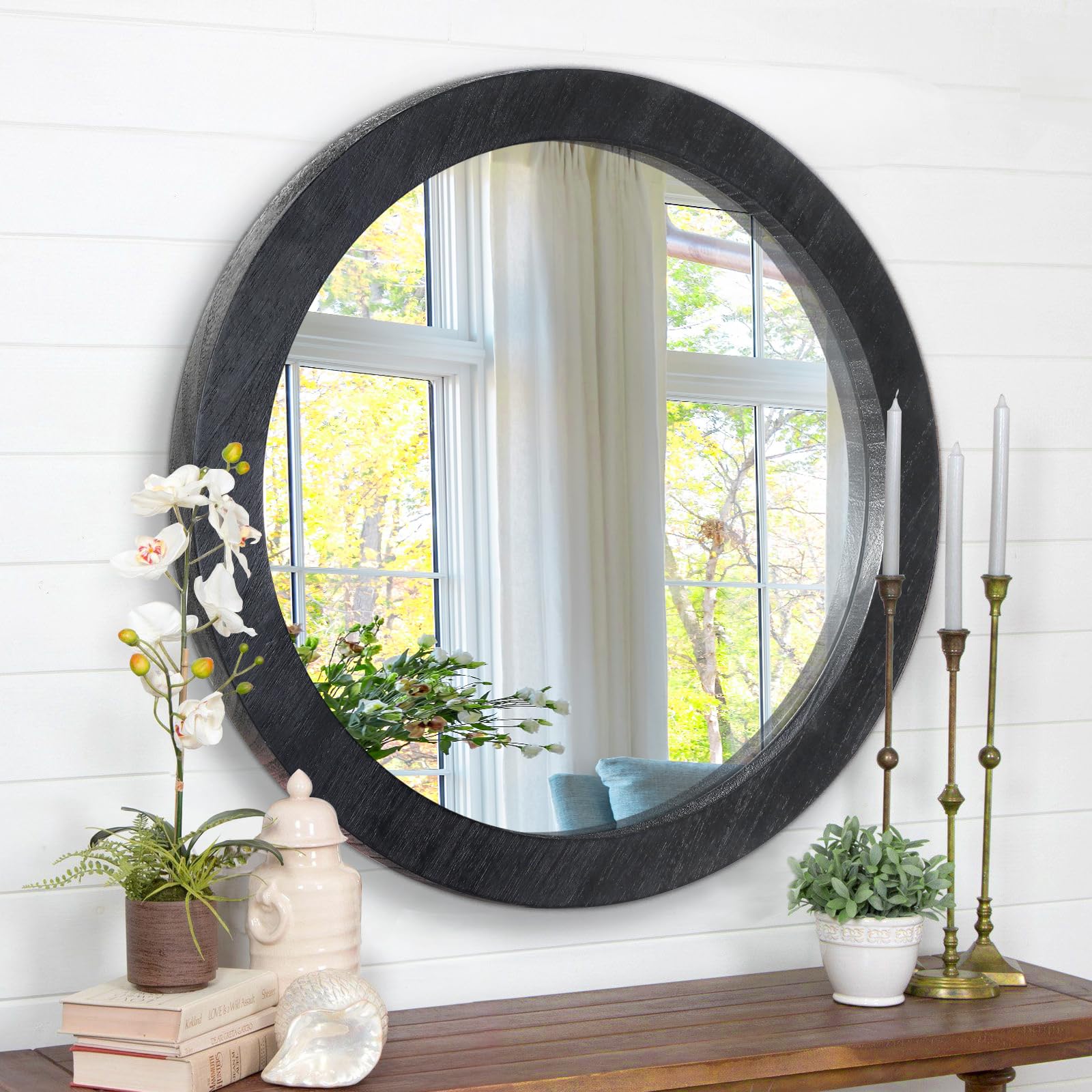 JJUUYOU Rustic Circle Wall Mirror 50CM for Home Decor Black Round Mirror for Bathroom Farmhouse Wall decor Wood Frame Mirrors for Living Room Bedroom Washroom Dorm