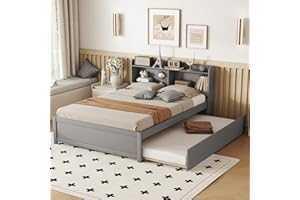 Harper & Bright Designs Full Size Bed Frame with Trundle, Full Size Platform Bed with Twin Trundle Under, Grey