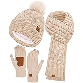 Womens Winter Beanie Hat Scarf Gloves Set, Fleece Lined Knitted Hat with Pompom Long Scarf Touchscreen Mittens for Women Men