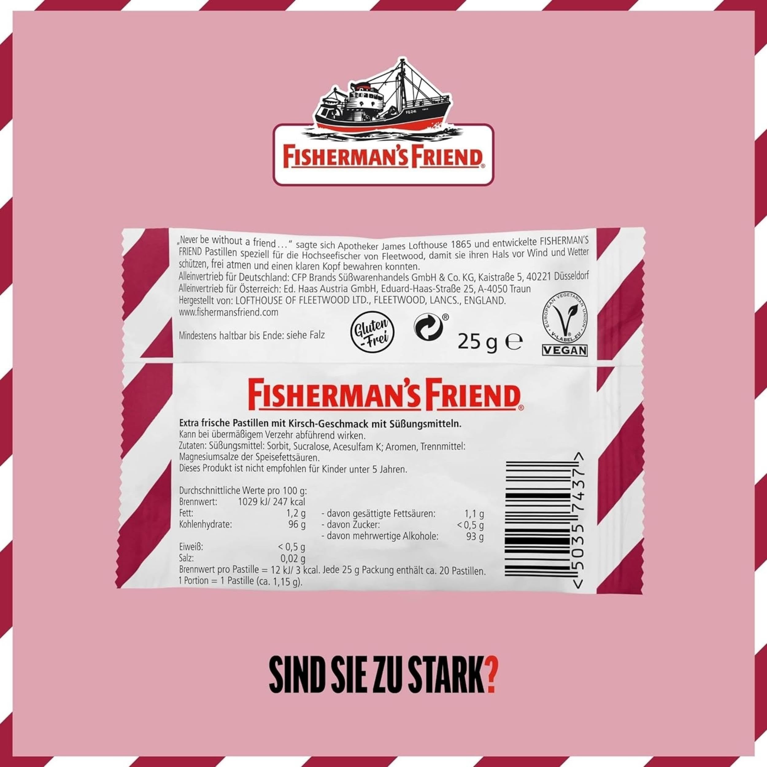 Fisherman's Friend Cherry, 24er Vorratsbox, Kirsche und Menthol Geschmack, zuckerfrei & vegan, Bonbons für frischen Atem, 24 x 25g 3