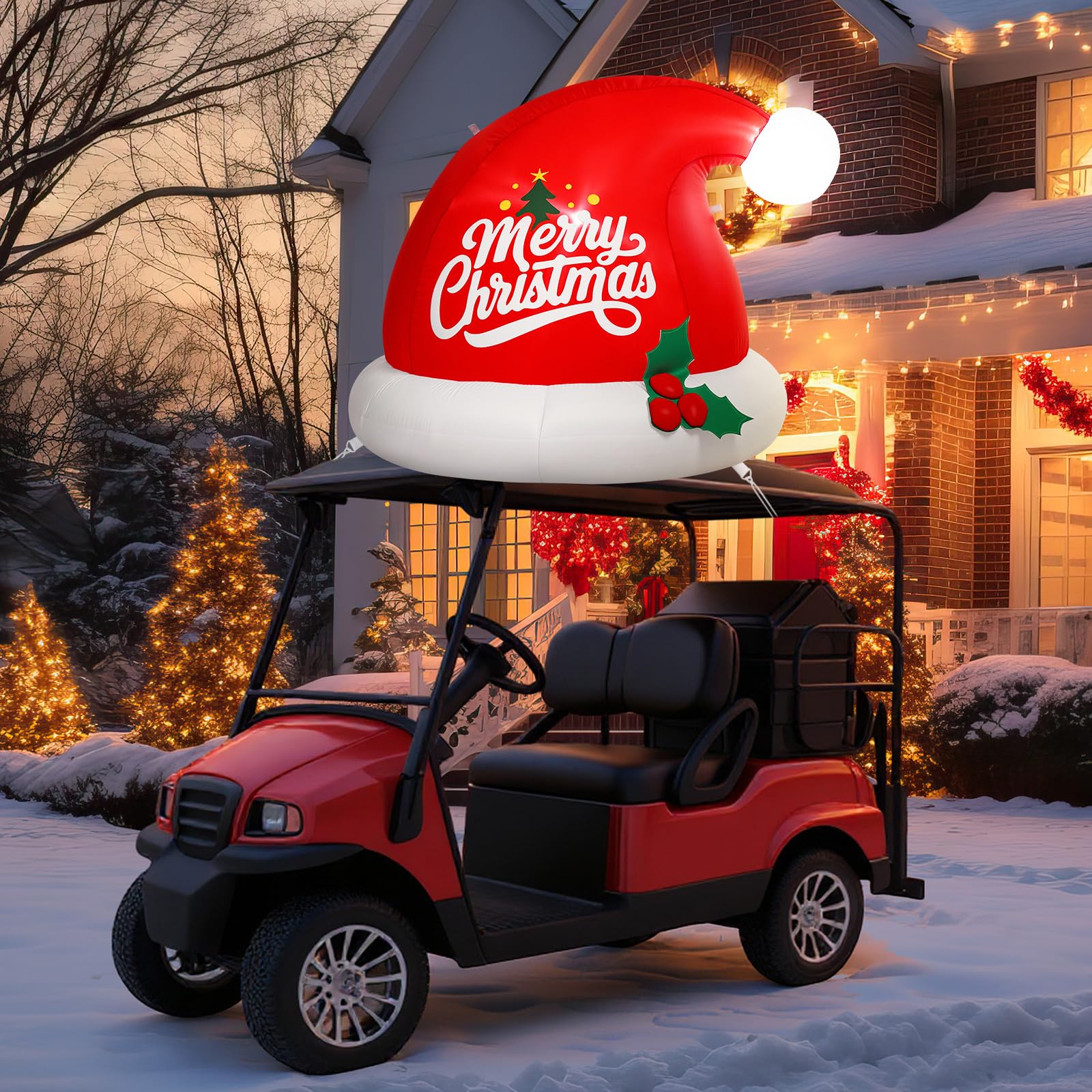 Photo 1 of Simgoing 6FT Christmas Inflatable Outdoor Decoration Funny Inflatables Santa Hat for Golf Cart Xmas Blow Ups Santa Hat with LED Lights Christmas Decorations Outdoor for Golf Cart Roof