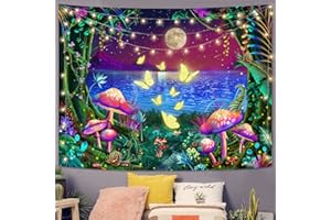 Fungarth Blacklight Fantasy Forest Tapestry for Bedroom Aesthetic Hippie Mushroom Butterfly Moon Flower Tapestry Wall Hanging UV Tapestries for Living Room Dorm (Green, 48” x 36”)