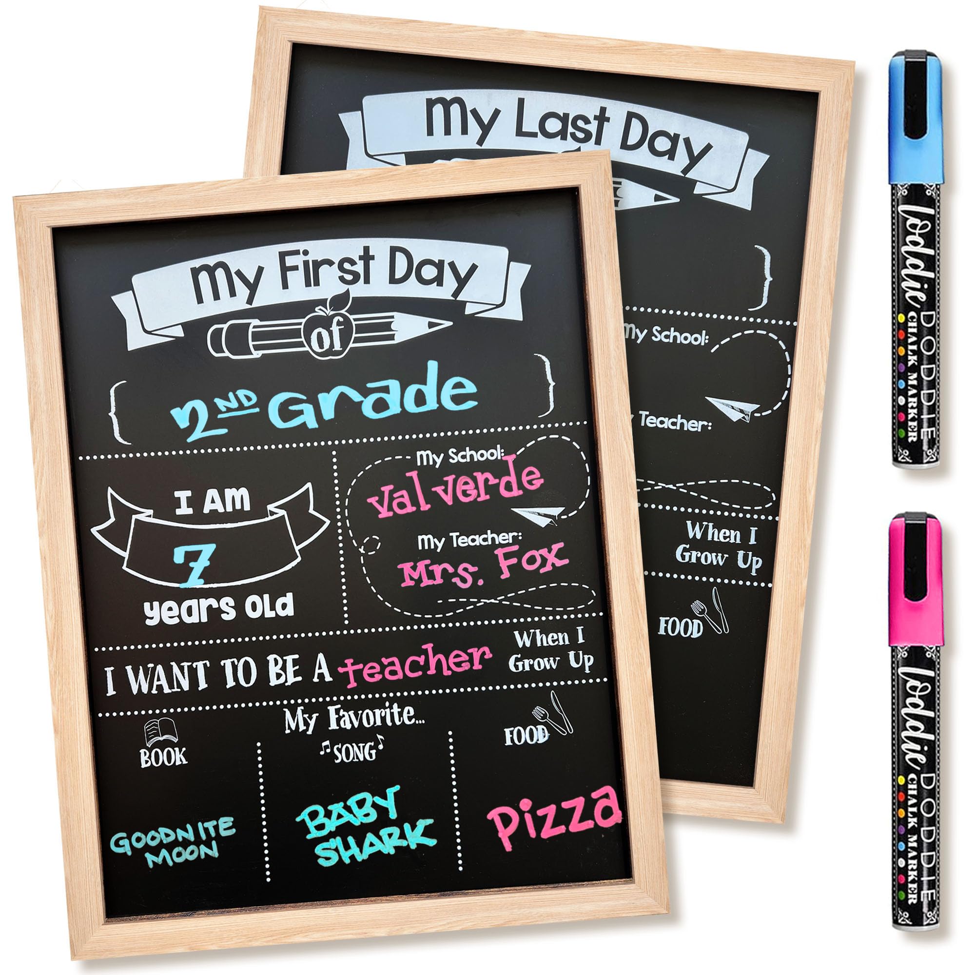 Photo 1 of Loddie Doddie First & Last Day of School Sign Board - 14 x 11 in Light Wood Frame - Double-Sided Magnetic Chalkboard & 2 Liquid Chalk Markers - Classroom Sign & Photo Prop - Back to School Supplies
