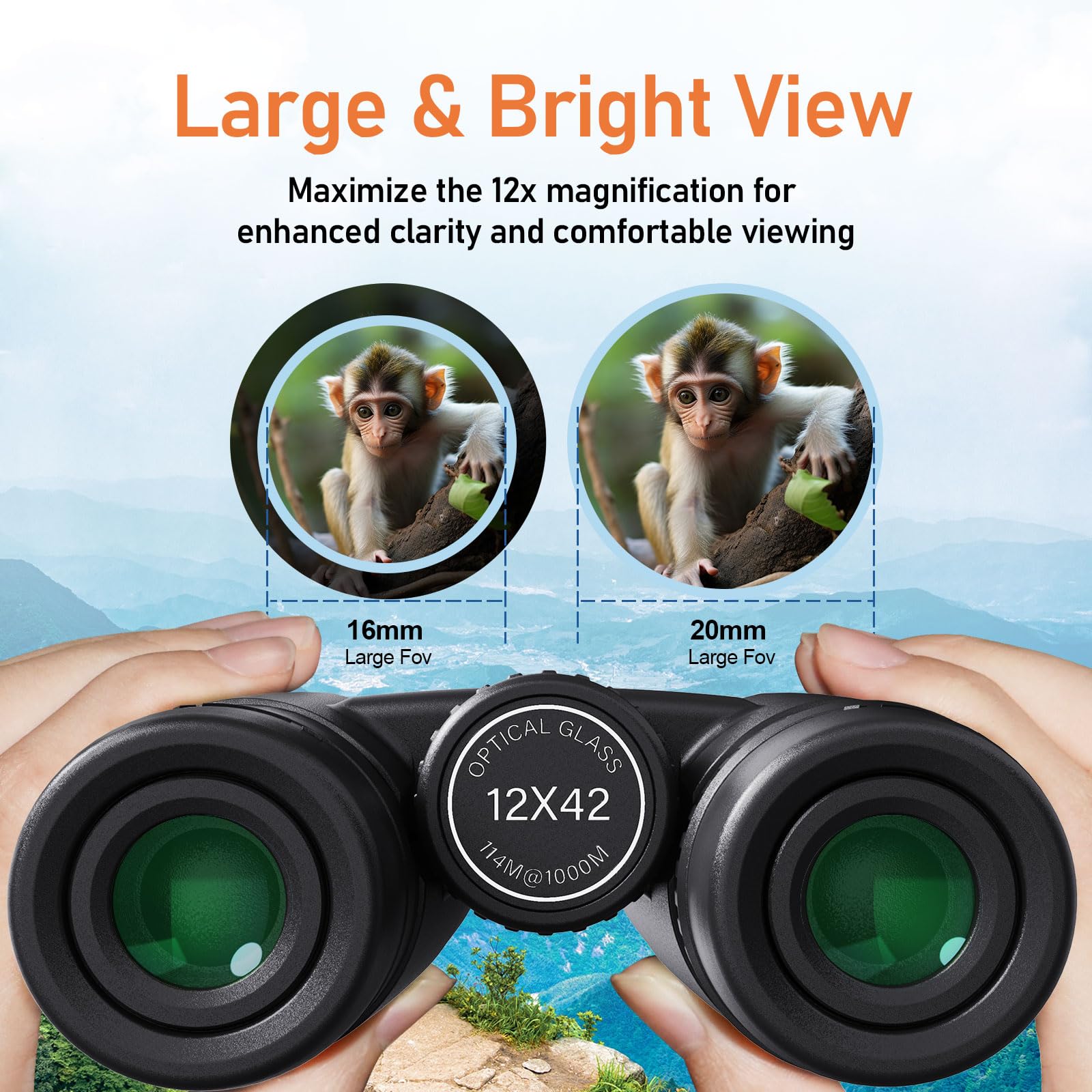 Binoculars for Adults 12x42 GalaxEye Compact with Phone Adapter Large View Easy Focus with HD BAK4 Prism FMC Lens for Bird Watching, Hunting, Stargazing, Cruise, Travel